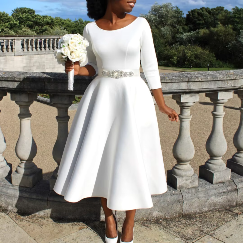 Damen Midi-Kleid Rundhals Einfach