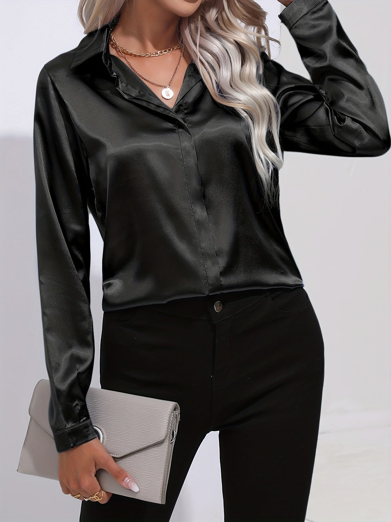 Damen Satinhemd Elegantes Langarmoberteil