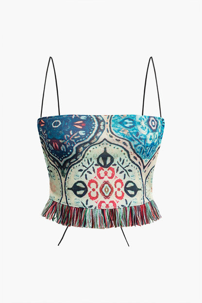 Boho Damen-Zweiteiler-Set Blumenprint Fransen