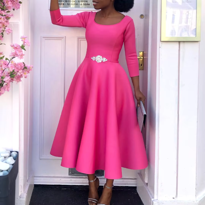 Damen Midi-Kleid Rundhals Einfach