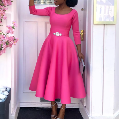 Damen Midi-Kleid Rundhals Einfach