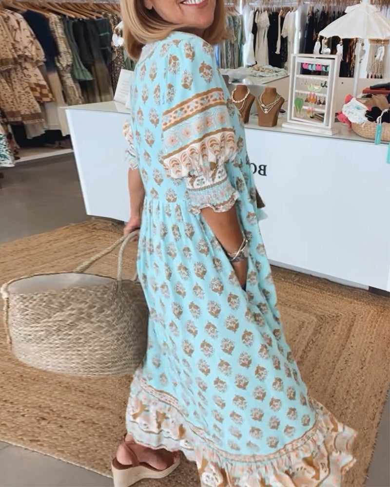 Damen Sommerkleid V-Ausschnitt Bedruckt Midi
