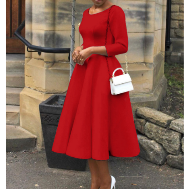 Damen Midi-Kleid Rundhals Einfach
