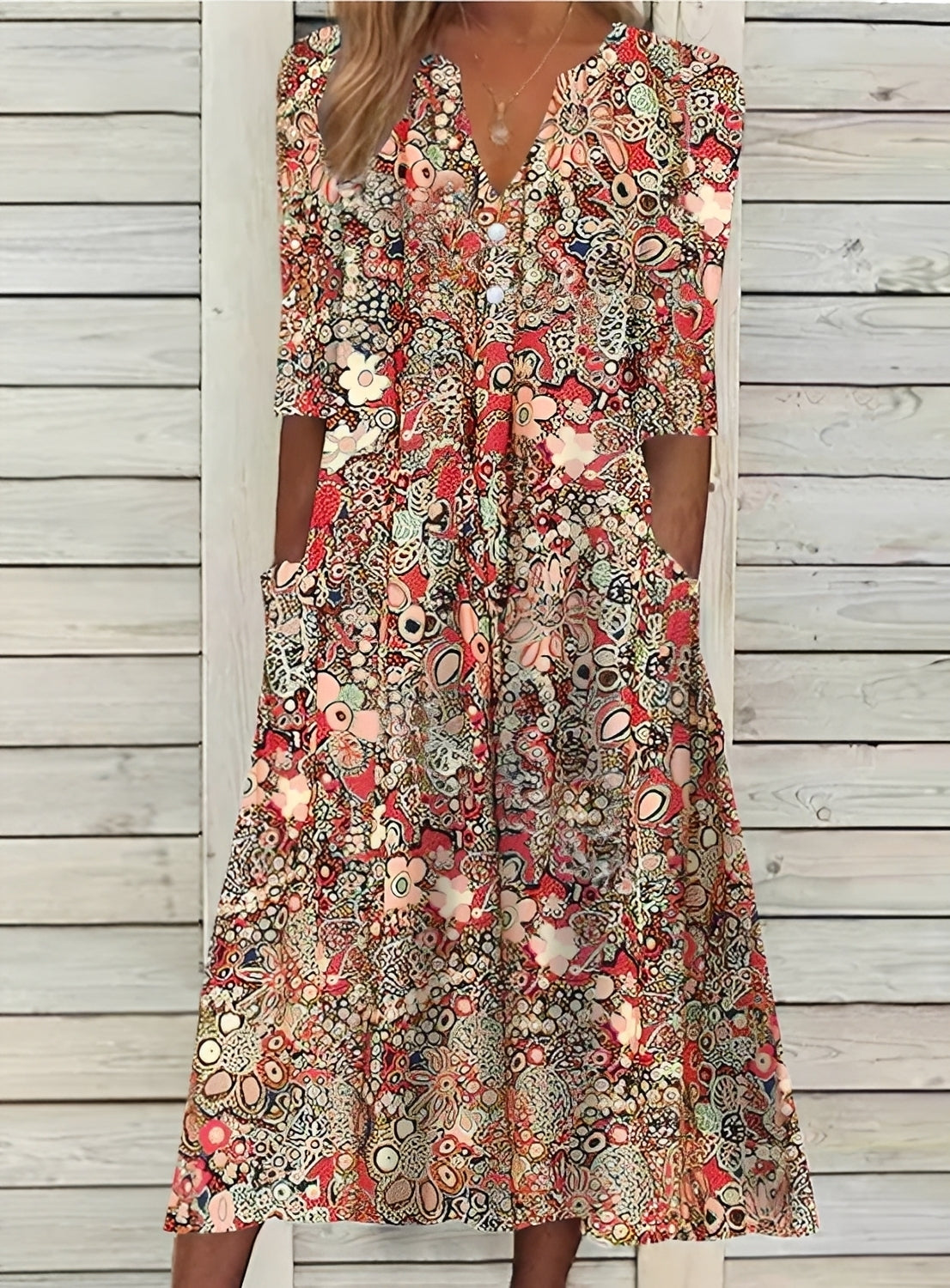Damenkleid Blumenmuster Leichtes Sommerkleid mit Taschen - Norvielle