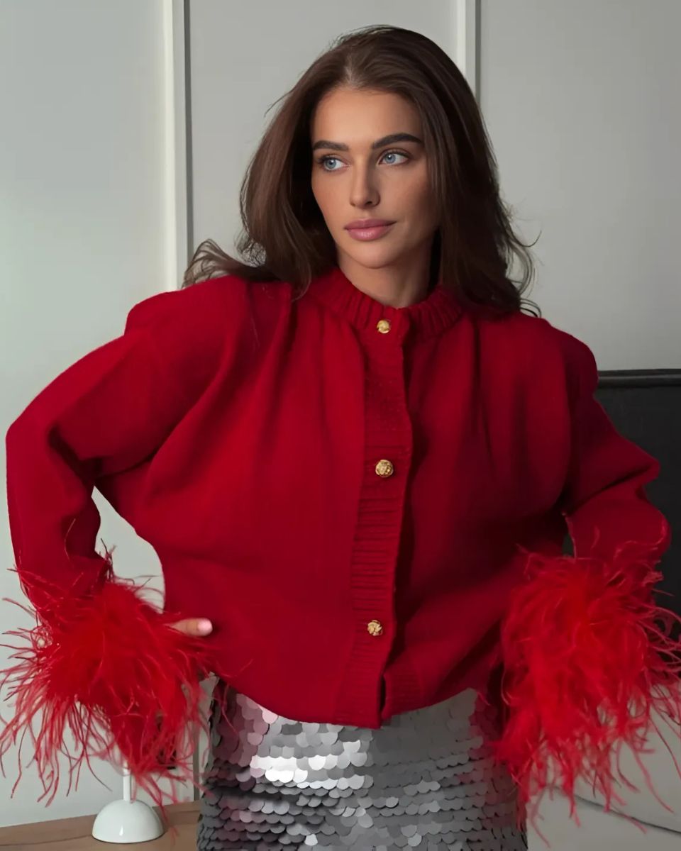 Damen Strickjacke Puffärmel Knöpfe