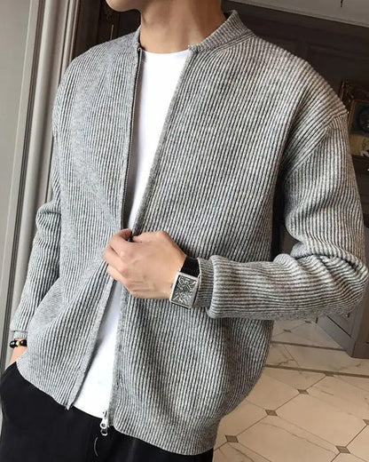 Herren Strickjacke Rippstrick Stehkragen Reißverschluss