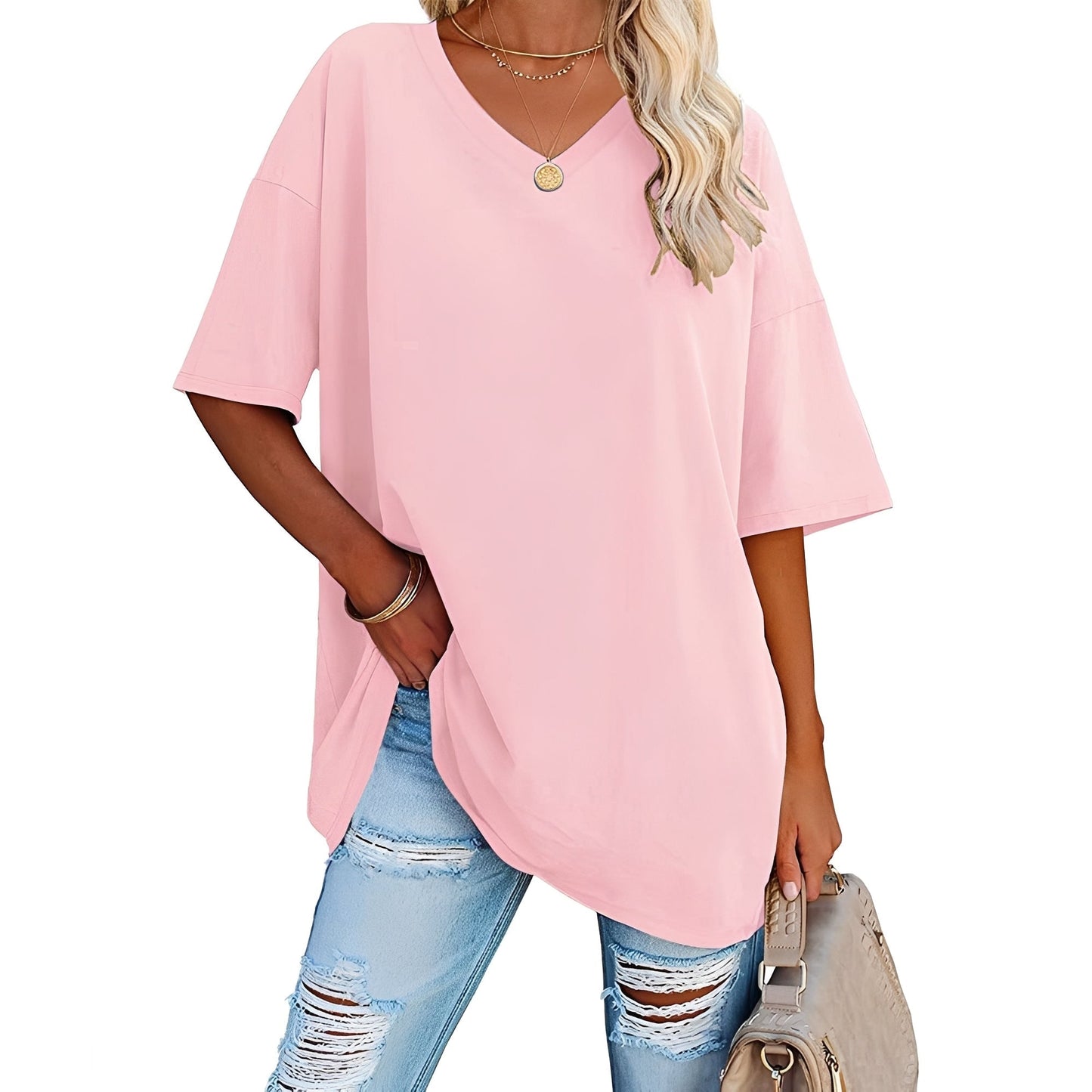 Damen V-Ausschnitt Shirt Lässig Baumwolle Weiß - Norvielle