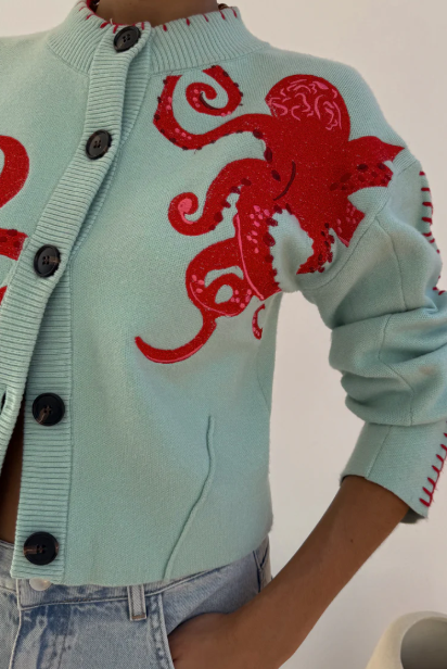 Herren Strickjacke Oktopus Motiv Kontrast