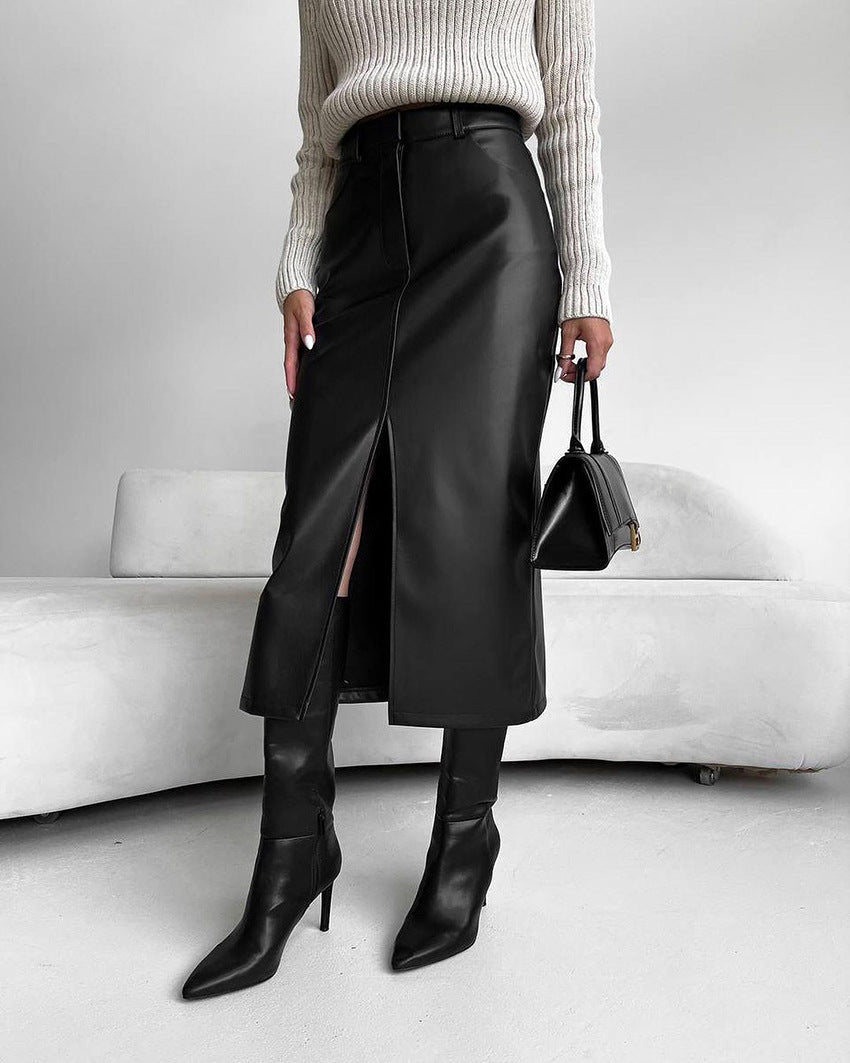 Damen Lederrock Midi Elegant Schlitzrock Schwarz - Norvielle