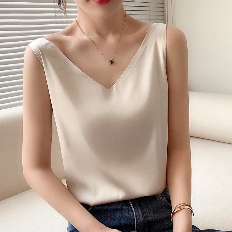 Damen Satin-Oberteil V-Ausschnitt Elegant