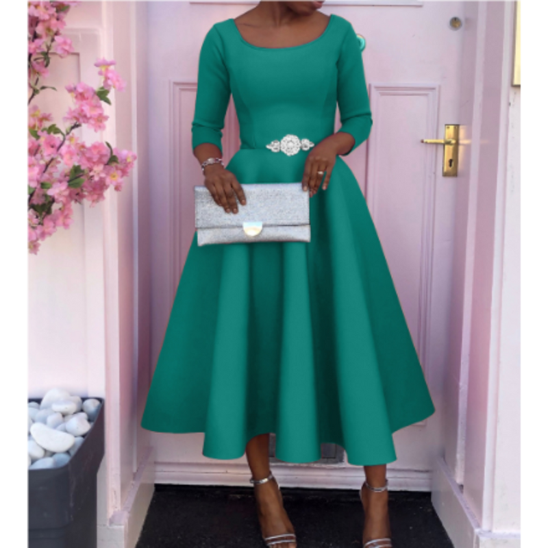 Damen Midi-Kleid Rundhals Einfach