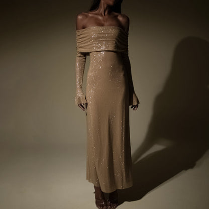 Glitzerndes Damen Abendkleid Off-Shoulder Maxi
