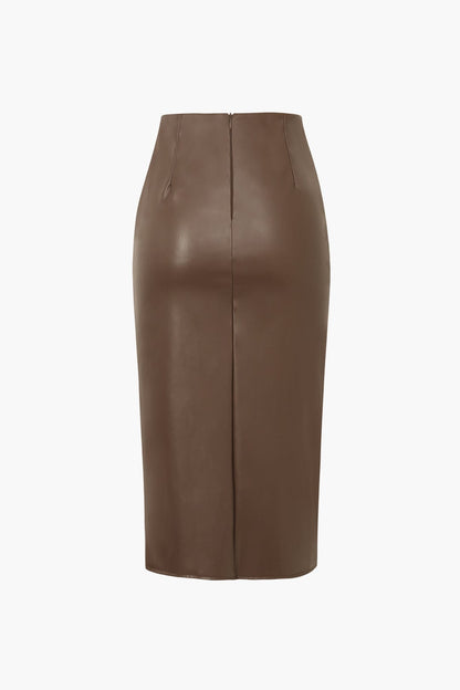 Damen Midirock Asymmetrisch Wickelrock Kunstleder