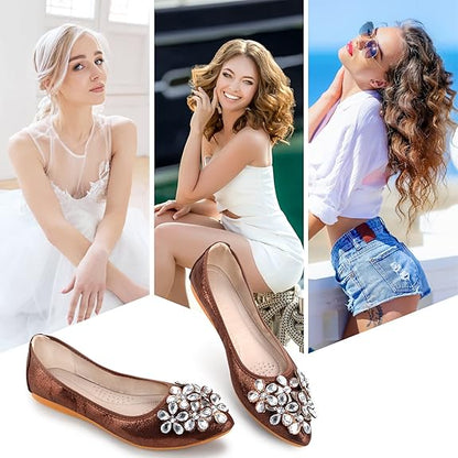 Ballerina Schuhe Flach mit Strass Schmuck Glitzernd