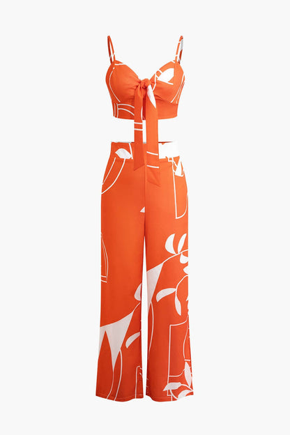 Damen Zweiteiler Baumwolle Knoten-Oberteil Bambus-Print-Hose