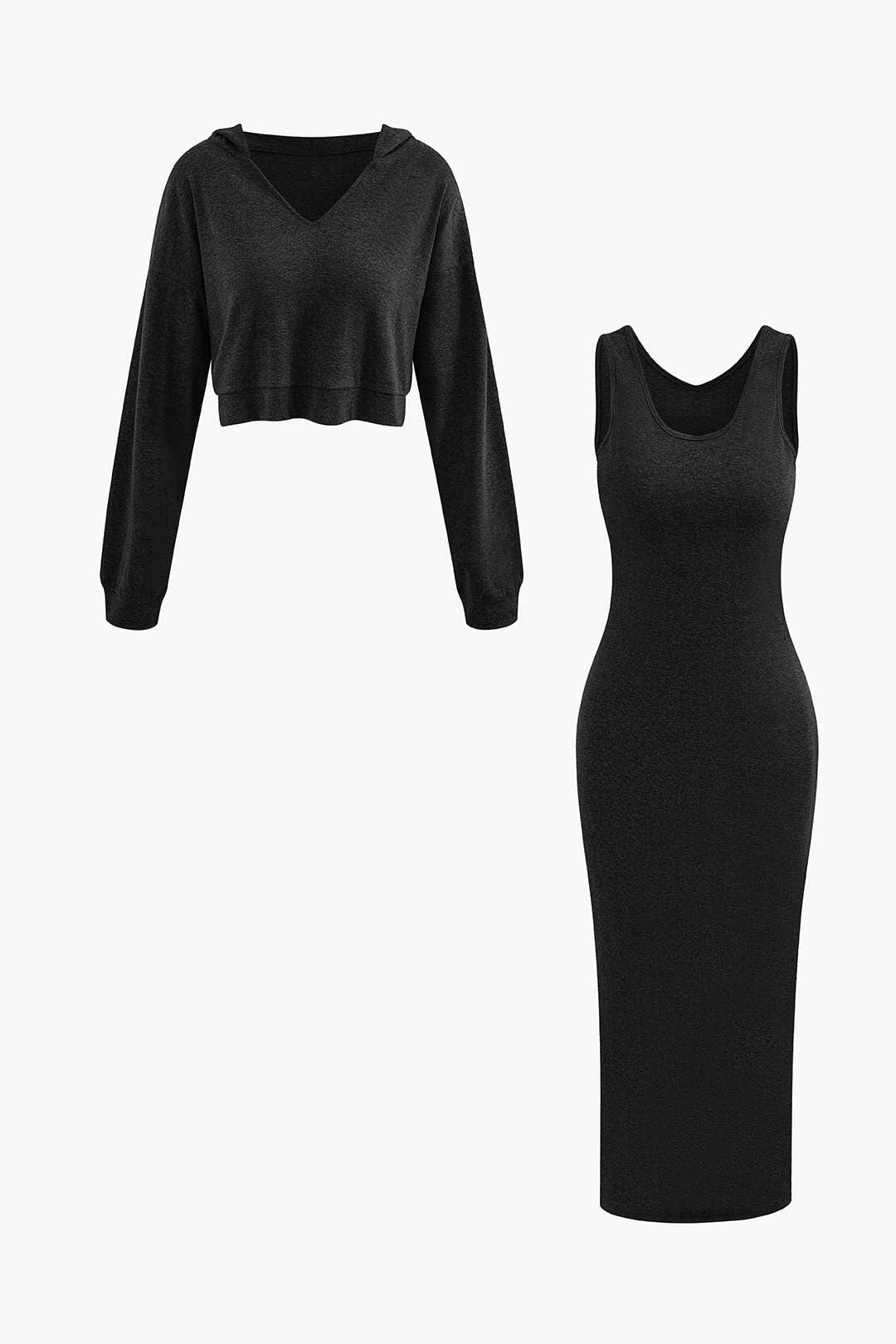 Damen Hoodie Midi Kleid Set Zweiteiler Lässig
