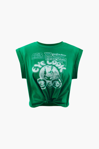 Damen Crop-T-Shirt Grafikdruck Ärmel Hochgekrempelt Knotendetail