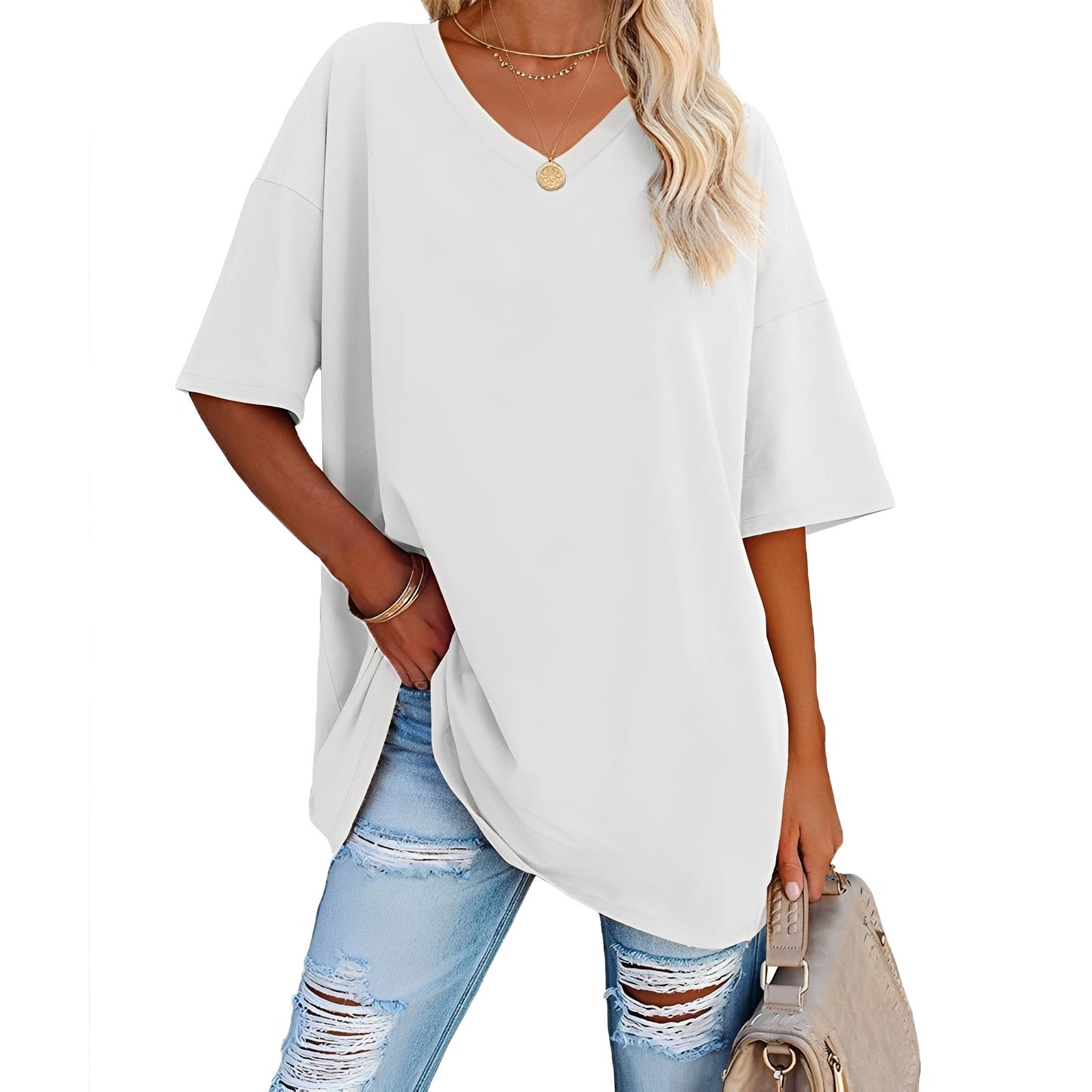 Damen V-Ausschnitt Shirt Lässig Baumwolle