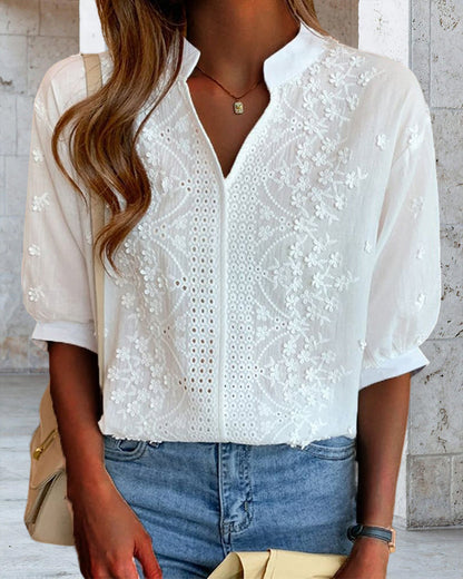 Damen Bluse V-Ausschnitt Puffärmel Elegante Seide