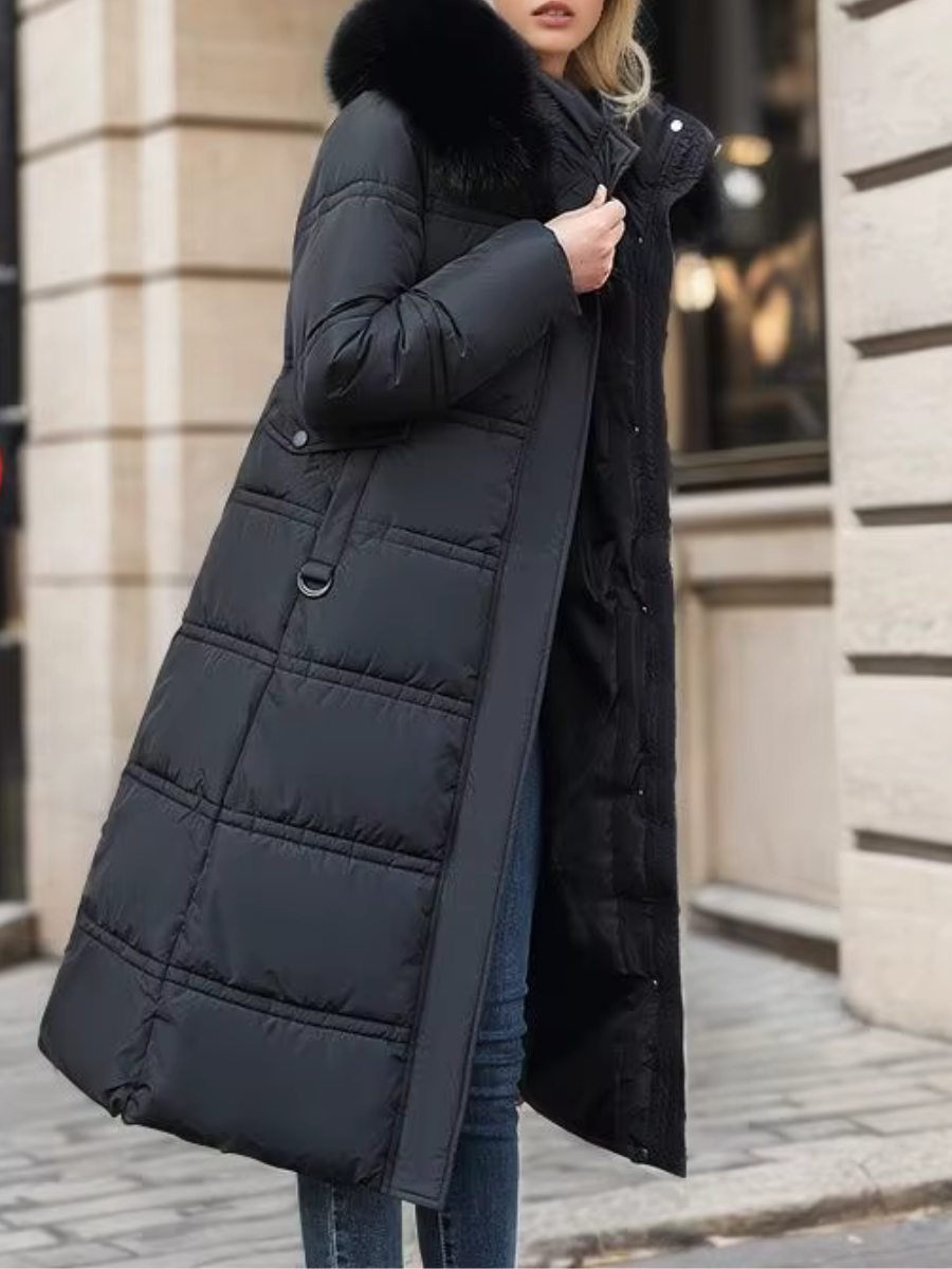 Damen Winterjacke Lang Kunstpelz-Kragen Warm