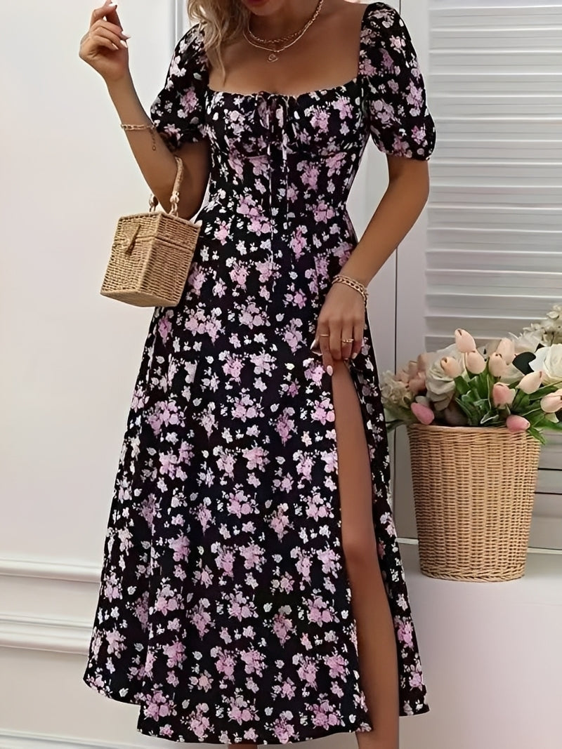 Damen Kleid Blumenmuster Mit Schlitz Modern