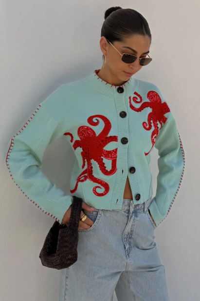 Herren Strickjacke Oktopus Motiv Kontrast