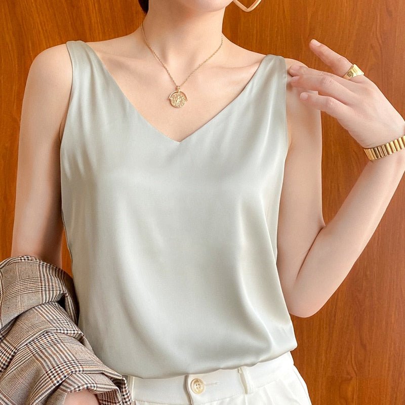 Damen Satin-Oberteil V-Ausschnitt Elegant