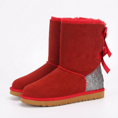 Damen Winterstiefel Wildleder Glitzer Schleife