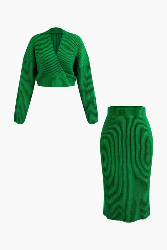 Damen Strick-Set Wickel-Oberteil Bleistiftrock Eleganz - Norvielle
