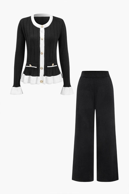 Damen Strickzweiteiler Set mit Jacke und weiten Hosen - Norvielle