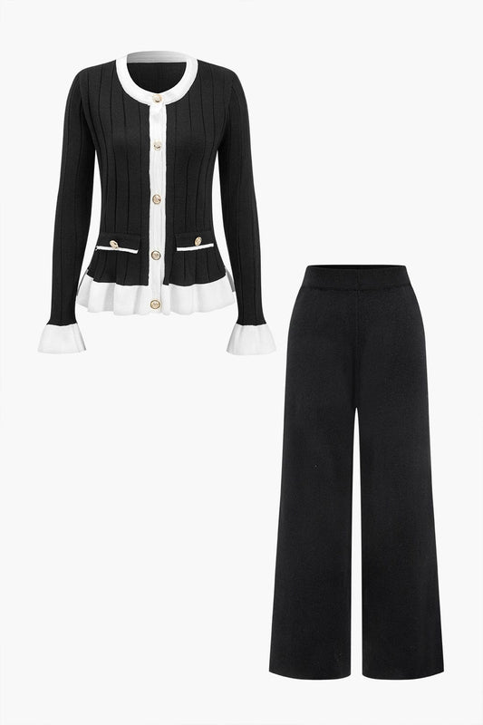 Damen Strickzweiteiler Set mit Jacke und weiten Hosen - Norvielle