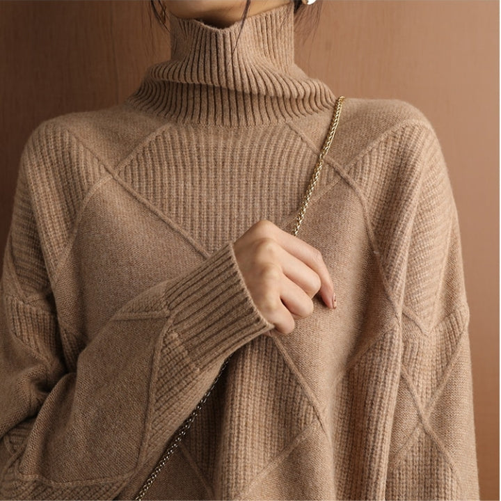 Damen Rollkragenpullover Weich Zopfmuster