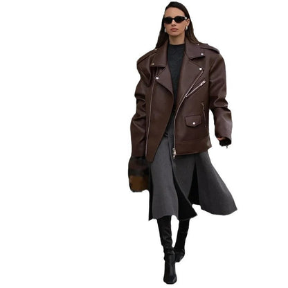 Damen Lederjacke Kurz Moderner Glamour Stil