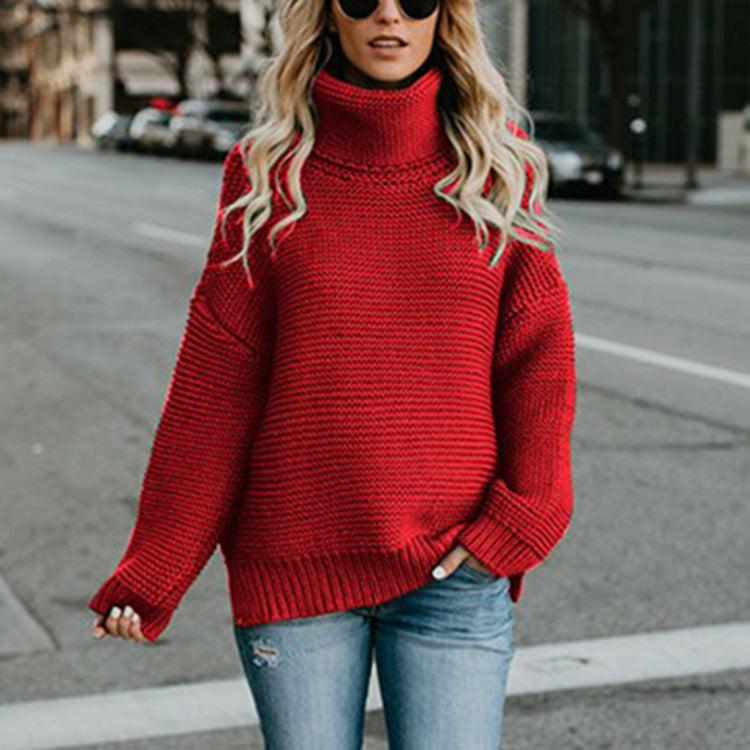 Damen Pullover Grobstrick Hochkragen Oversized Lässig