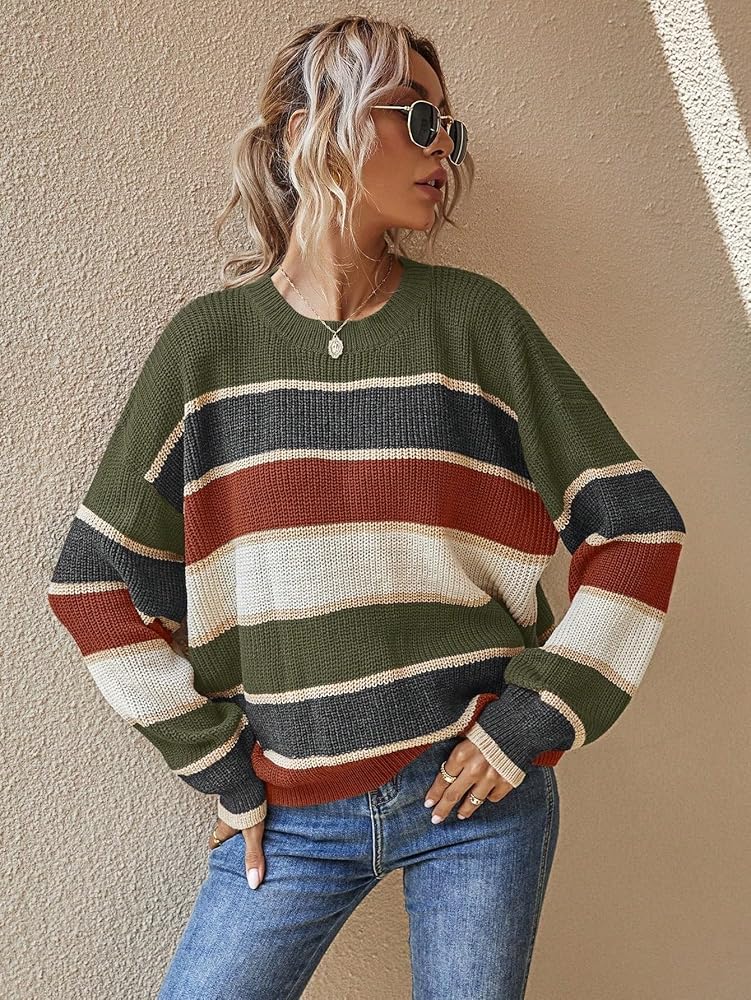 gestreifter damen pullover in camel und dunkelbraun, oversize fit