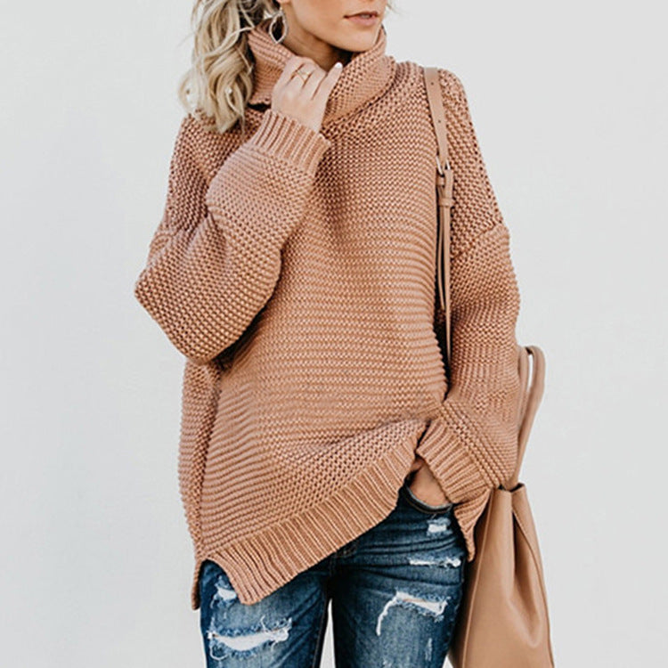 Damen Pullover Grobstrick Hochkragen Oversized Lässig