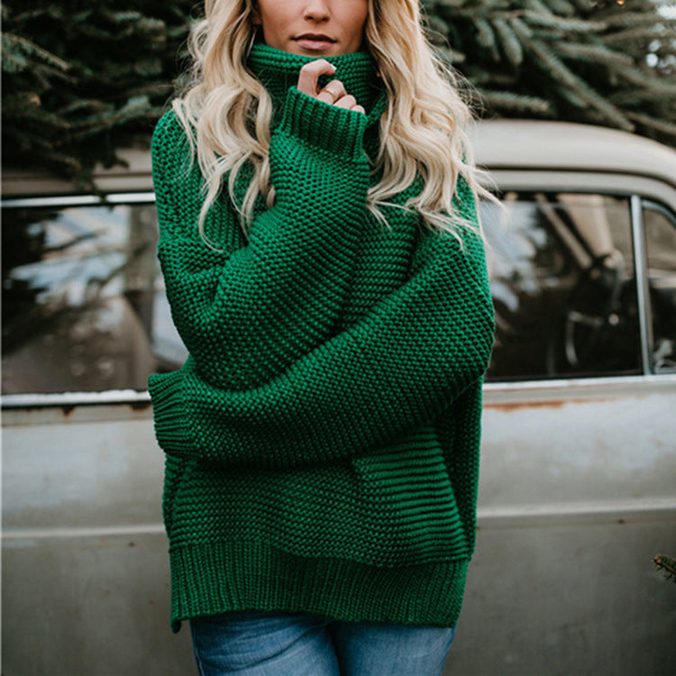 Damen Pullover Grobstrick Hochkragen Oversized Lässig