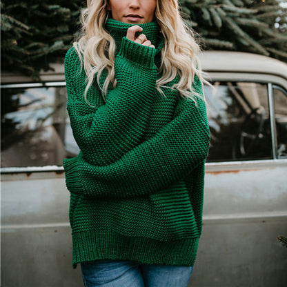 Damen Pullover Grobstrick Hochkragen Oversized Lässig