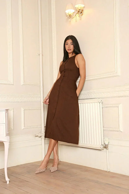 Damen Leinenkleid Ärmellos Braun Midi Figurbetonter Stil
