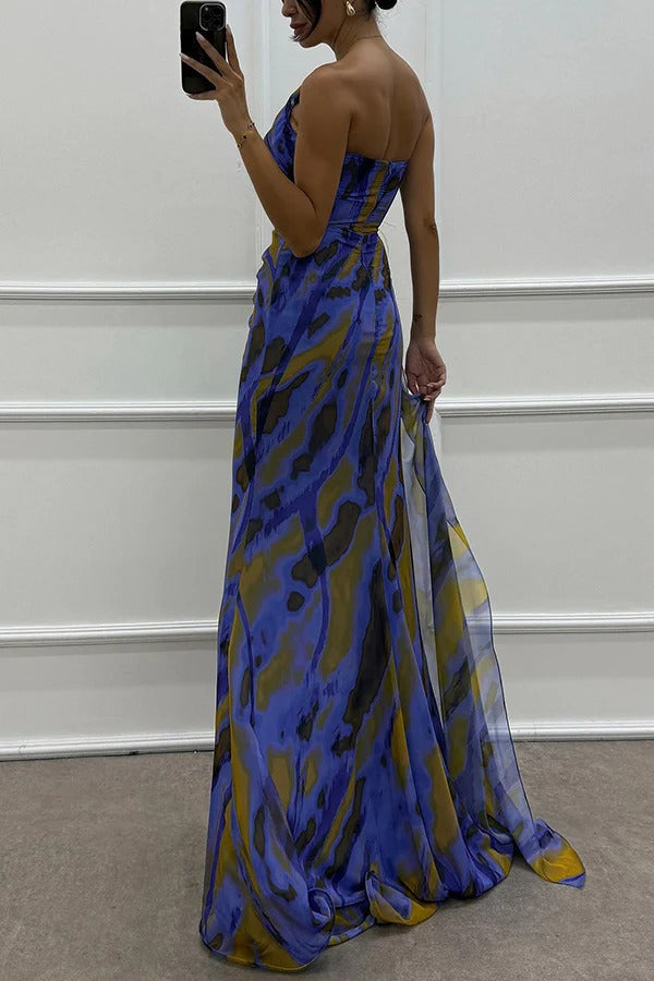 Damen Maxikleid Schulterfrei Lang Abendkleid mit Hochschlitz