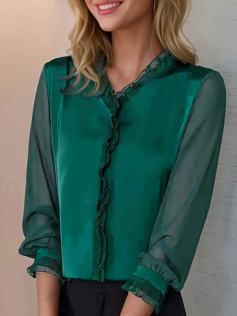 Damen Bluse Langarm Rüschen Schwarz - Norvielle