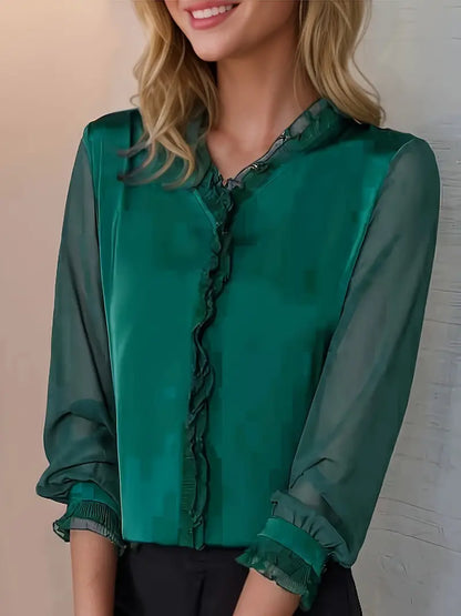 Damen Bluse Langarm Rüschen Schwarz - Norvielle