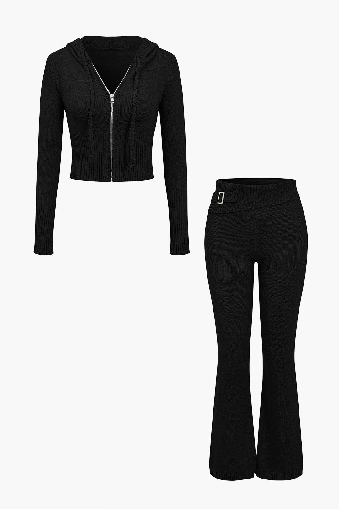 Strick-Set Damen Kapuzenjacke Schlaghose Warm
