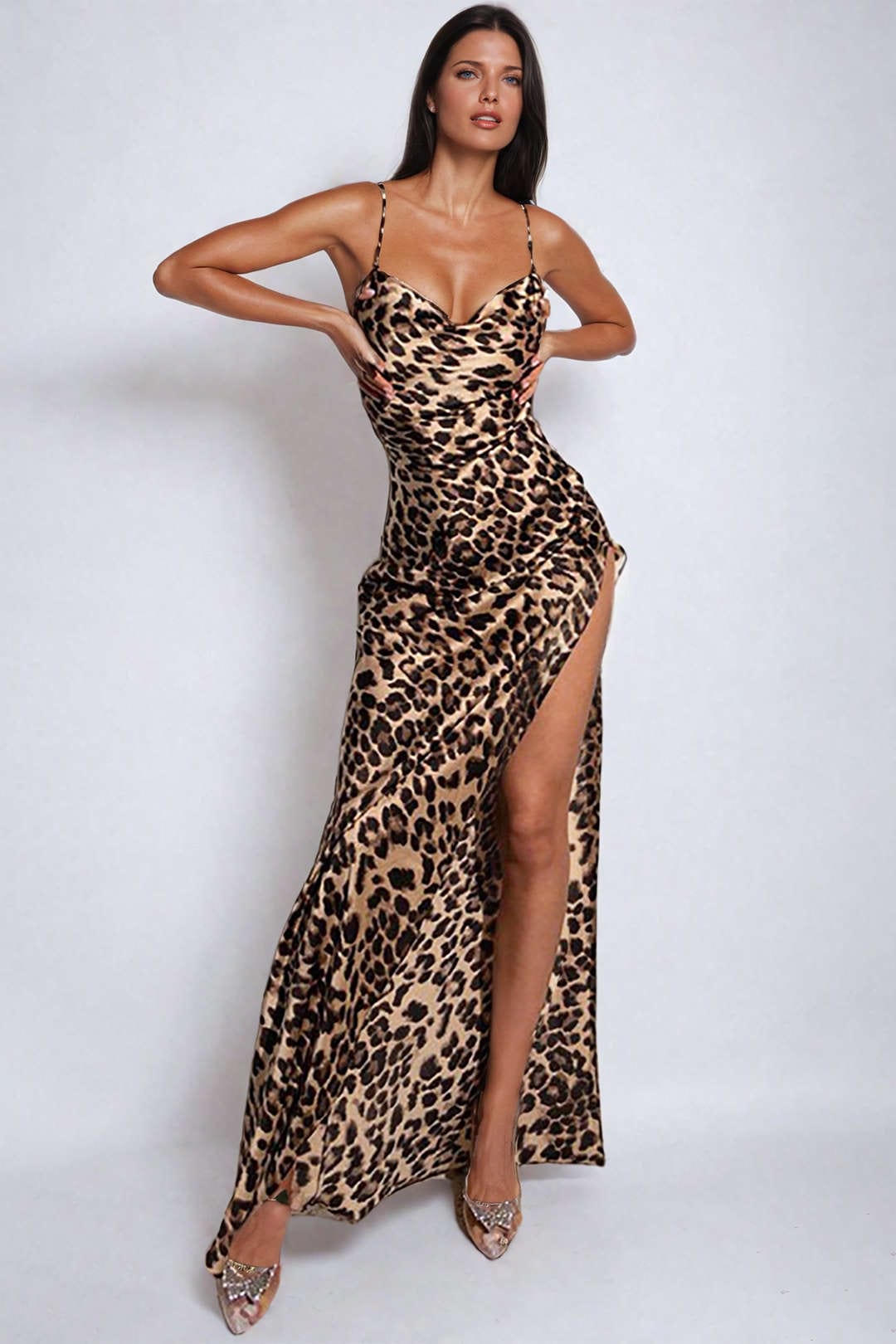Damen Leopard Maxikleid Beinschlitz Abendkleid - Norvielle