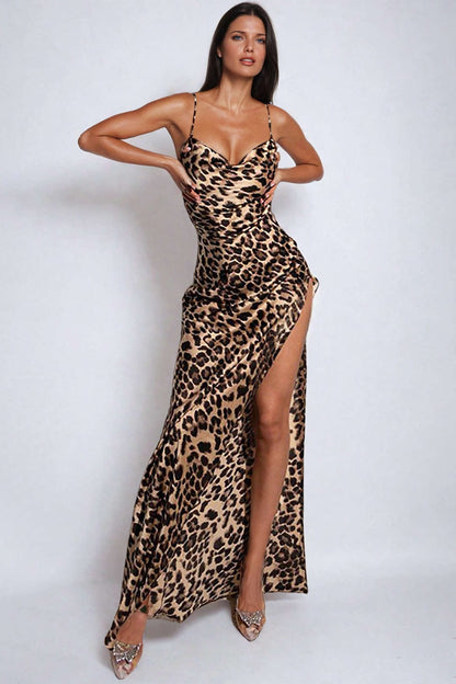 Damen Leopard Maxikleid Beinschlitz Abendkleid - Norvielle