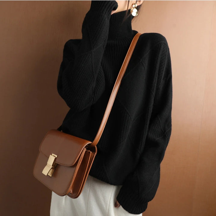 Damen Rollkragenpullover Weich Zopfmuster