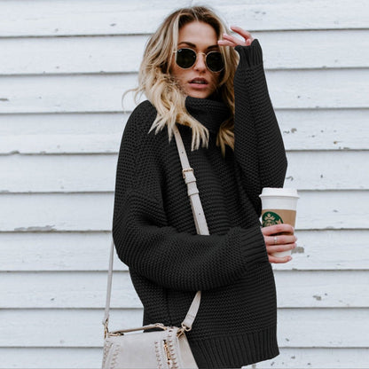 Damen Pullover Grobstrick Hochkragen Oversized Lässig
