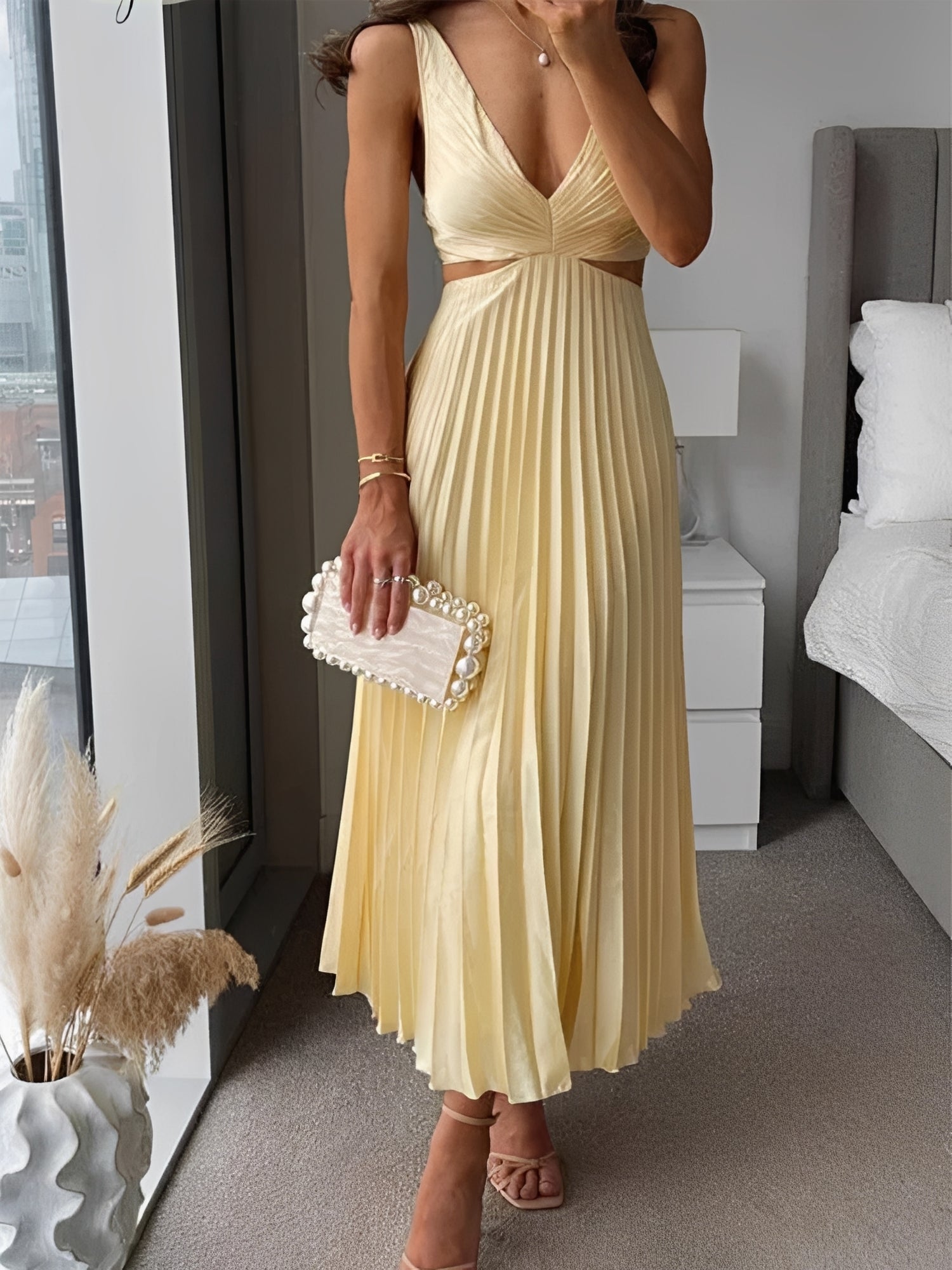 Damenkleid Hohltaille Plissee Schwarz - Norvielle