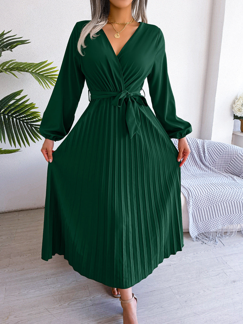 Damen Maxikleid Plissee Gürtel Langkleid