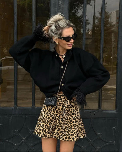 Damen Strickjacke Puffärmel Knöpfe
